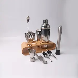 Stainless Steel Bar Set, 1 Box Bar Tool Set with Spoons, Shaker & Wooden Base, Bar Utensils Set, Bar Accessories for Home and Bar, Kitchen Accessories