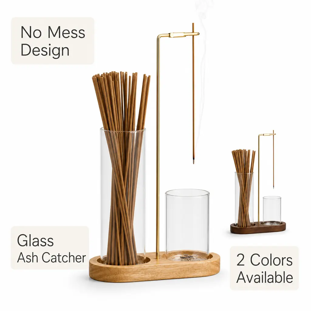 No Mess Upside Down Incense Holder - Wooden Glass Ash Catcher for Sticks, Aesthetic Zen Decor for Meditation Yoga Bedroom