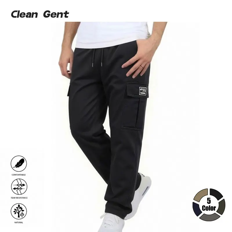 Clean Gent Men’s pants with pocket branding, drawstring adjustable elastic waistband, long straight-leg cargo style—trendy, versatile, loose fit, minimalist design.