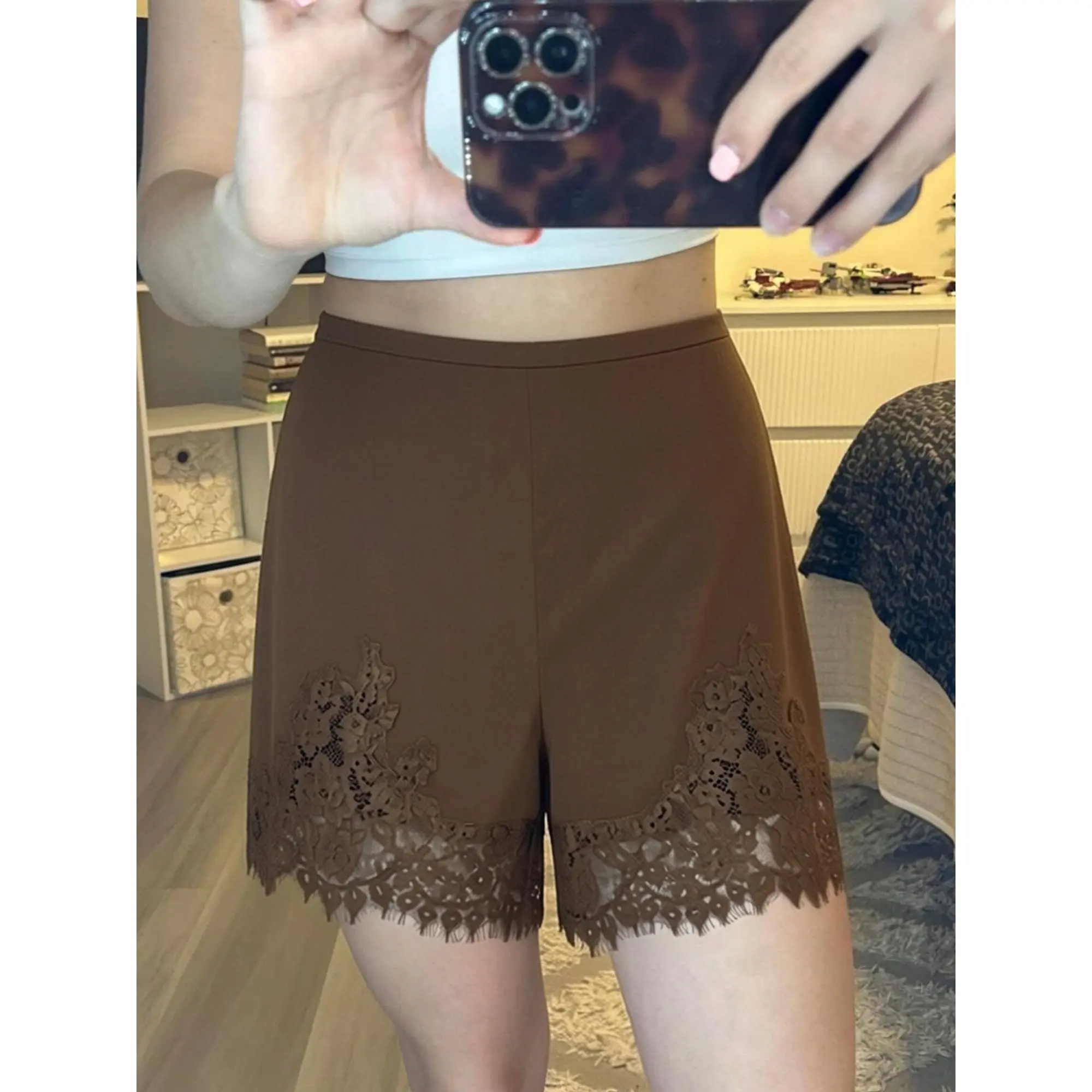 y2k Women's Shorts Summer Lace Trim Elastic Waistband Wide Leg Satin Shorts Streetwear y2k Women's Shorts Summer Lace Trim Elastic Waistband Wide Leg Satin Shorts Streetwear