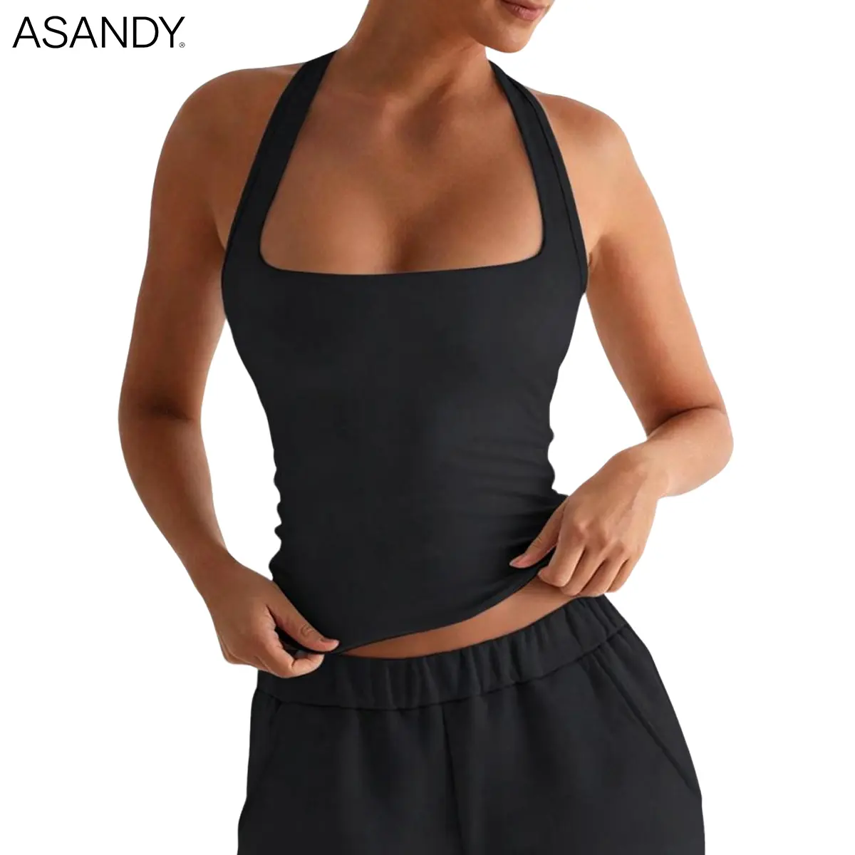 ASANDY Women's Clothes: Stylish Halter Square Neck Backless Crop Top, Slim Fit Double Layer 4-Way Stretch Tank for Gym & Everyday Wear, Crop Tops, Tank Tops