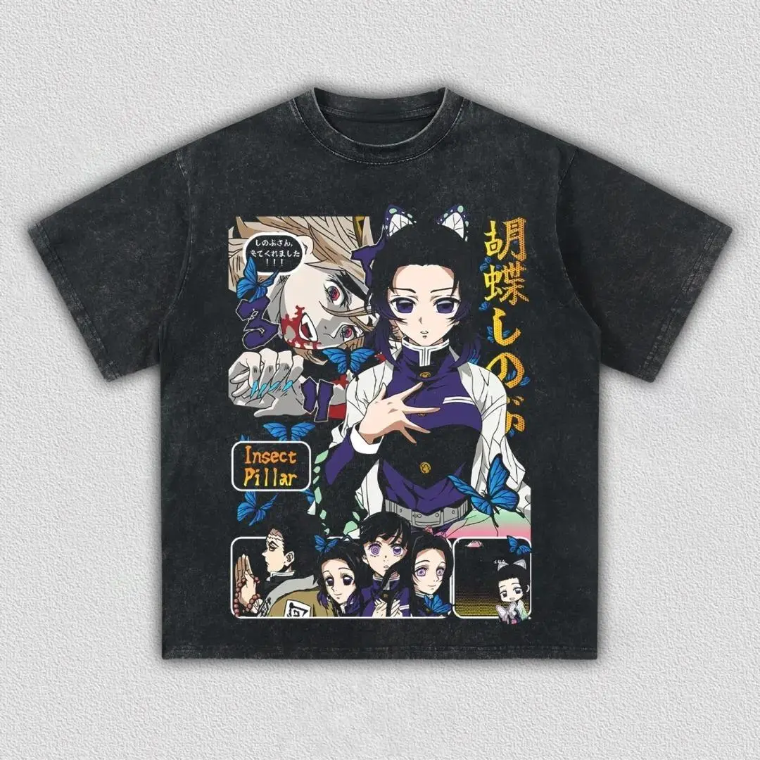 Men's Graphic T-Shirt, Vintage Distressed Kochou Shinobu Print, Casual Short-Sleeve Round Neck Top, Tshirt, Shortsleeve
