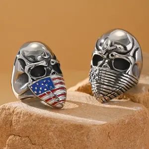 Men's Stainless Steel Statement Ring - Hip Hop Punk Style, Drip Oil Flag Mask Skull Design, Trauma-Inspired Jewelry for Thanksgiving