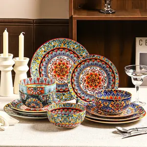 12-Piece Bohemian Style Dinnerware Set, 4 X 8.5-Inch Ceramic Plates, 4 X 10.5-Inch Dinner Plates, 4 X 6-Inch Bowls, Perfect for Steak, Pasta, and Fruits, Family Use Essential for Kitchen and Dining Room