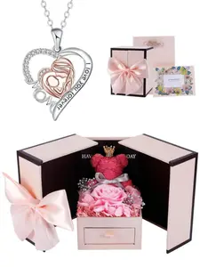 Mother's Day Gift Mommy & Me Love Heart Necklace Set with Moss Bear Rose Jewelry Box, Elegant Copper Pendant Necklaces, Necklace for Daughter, Perfect Gift for Mother's Day Birthday Christmas, Jewelry Gifts, Heart Design Necklace