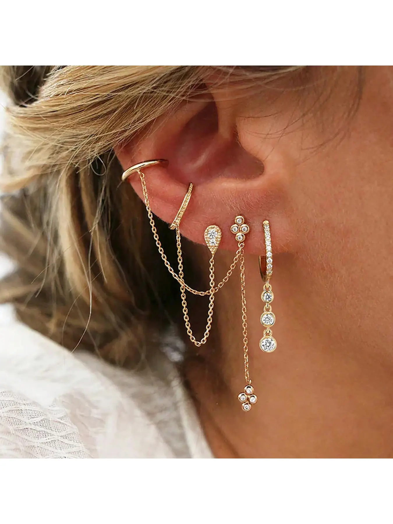 High-end double ear hole ear studs for women - one-piece ear adornment with fringed pendant