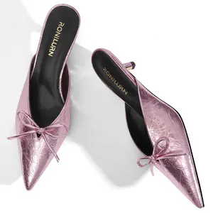 RONILURN Kitten Heels for Women Heeled Mules Stiletto Pumps Bow Closed Toe Pointed Toe Low Heel Slip on Fashion Metallic Backless Prom Party Dressy