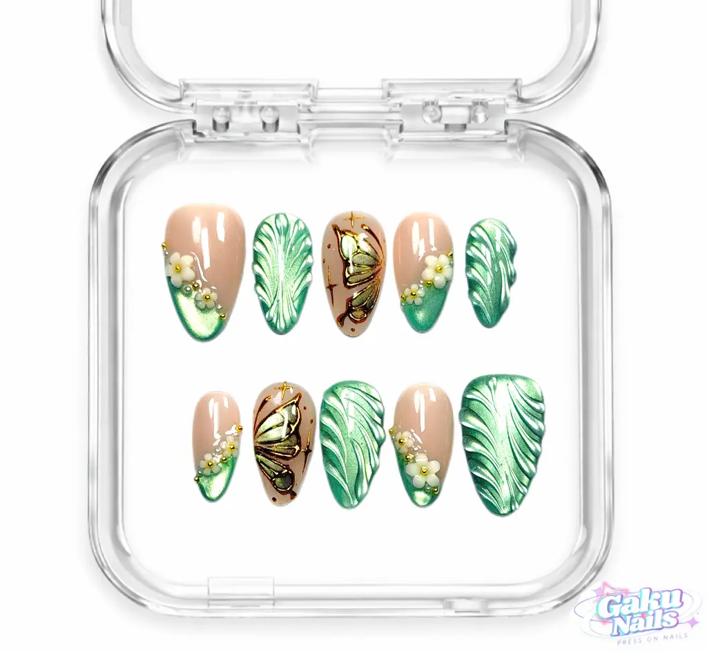 GakuNails MINT FLUTTER 10 PCS Medium Almond Handmade Press On 3D Flower Green Mint Cateye Butterfly Print Builder Gel selectable size Reusable Nails
