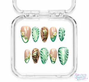 GakuNails MINT FLUTTER 10 PCS Medium Almond Handmade Press On 3D Flower Green Mint Cateye Butterfly Print Builder Gel selectable size Reusable Nails