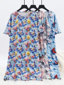 3-Pack Summer Sleepwear Set, Loose-Fit Short Sleeve Nightgowns, Floral & Butterfly Print, Comfortable Home Wear, Casual Style