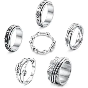 FINREZIO 6 Pcs Silvery Diverse Stainless Steel Spinner Rings for Women Men Hypoallergenic Spinner Ring Triple Interlocked Rolling Moon Star Beads Rings Set