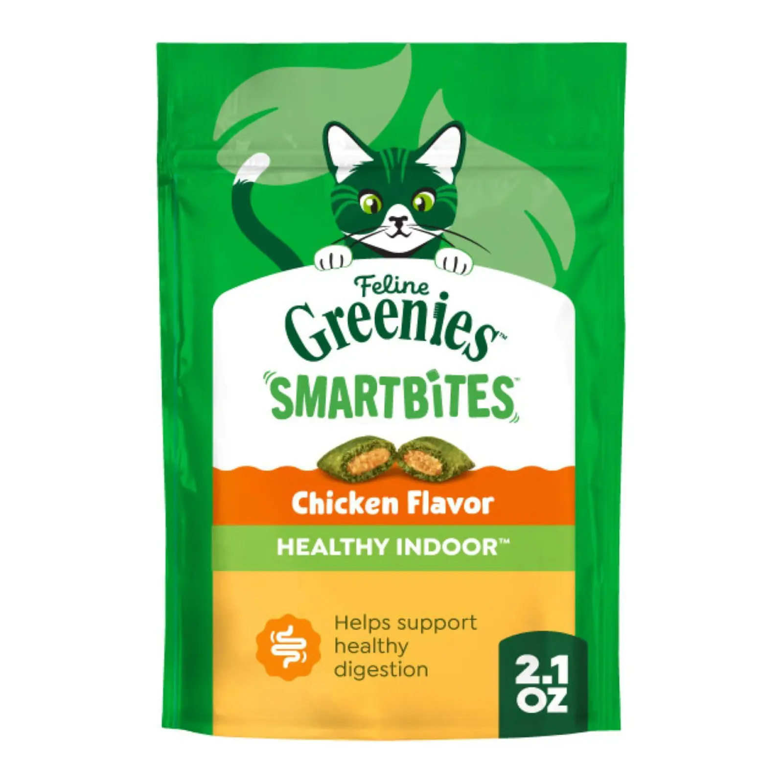 Greenies Feline Smartbites Healthy Indoor Cat Treats, Chicken, 2.1 oz Veterinarian-recommended, Fiberblend Formula, supports digestion, under 2 cal per treat, natural ingredients, dual texture