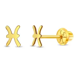 14k Gold Dainty Zodiac Sign Baby / Toddler / Kids Earrings Safety Screw Back