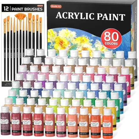 Shuttle Art Bottled Colored Acrylic Set (42/80 Assorted Colors, 2oz/60ml) with 12-Brush Kit, Vibrant Rich Pigmented Waterproof Premium Art Supplies, Assorted Colored Painting Supply Sets for Artists on Canvas, Rocks