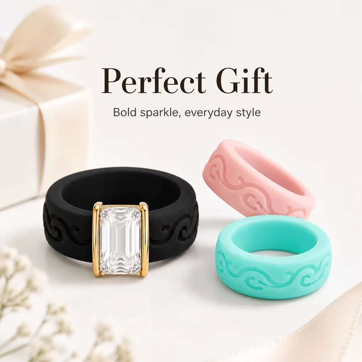 [1 + 6 color bands] Silicone Ring for Women, 10x8mm Emerald Cut CZ, GlowStone Collection, Synthetic Zirconia Ring, Emerald Cut Rings