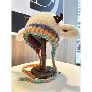 Cute Deer Antler Plush Hat for Women, Autumn and Winter Warm KnittedFestive Christmas Antler Hat , Sweet Versatile Pullover Hat