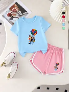 Summer Girls Casual Sports Short Sleeve Shorts Set, Bluey & Bingo Cartoon Print, Vibrant Characters, Loose Fit, Breathable, 2-7 Years, Home Play Outdoors