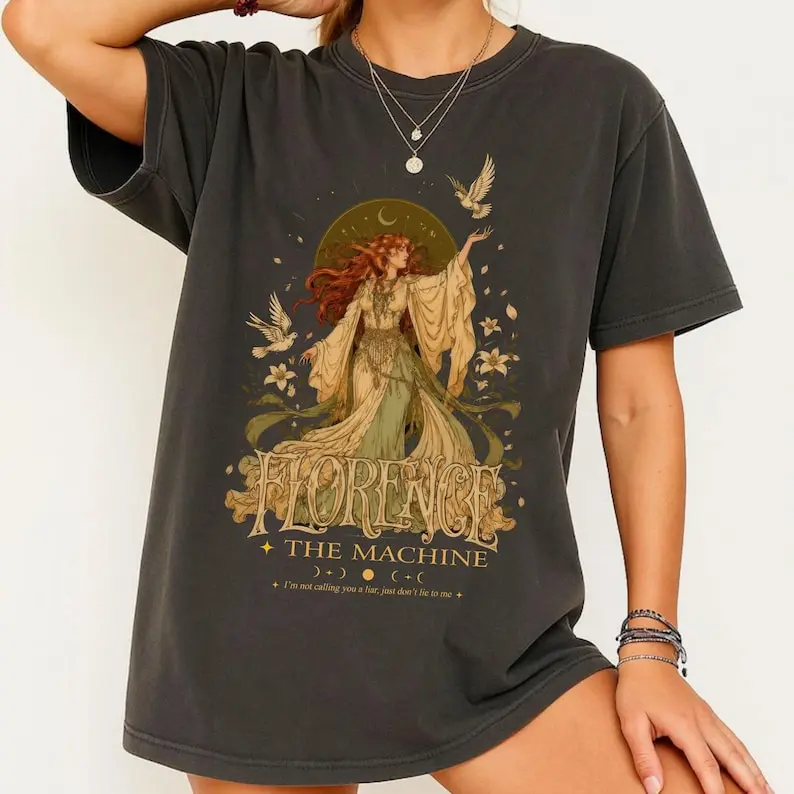 Florence The Machine Comfort Colors T-Shirt, Art Nouveau Vintage Indie Rock Tee, Cosmic Moon Cottagecore Aesthetic Graphic T-Shirt