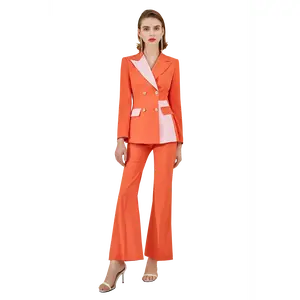 Coral Color Block Double Breasted Flare Pantsuit