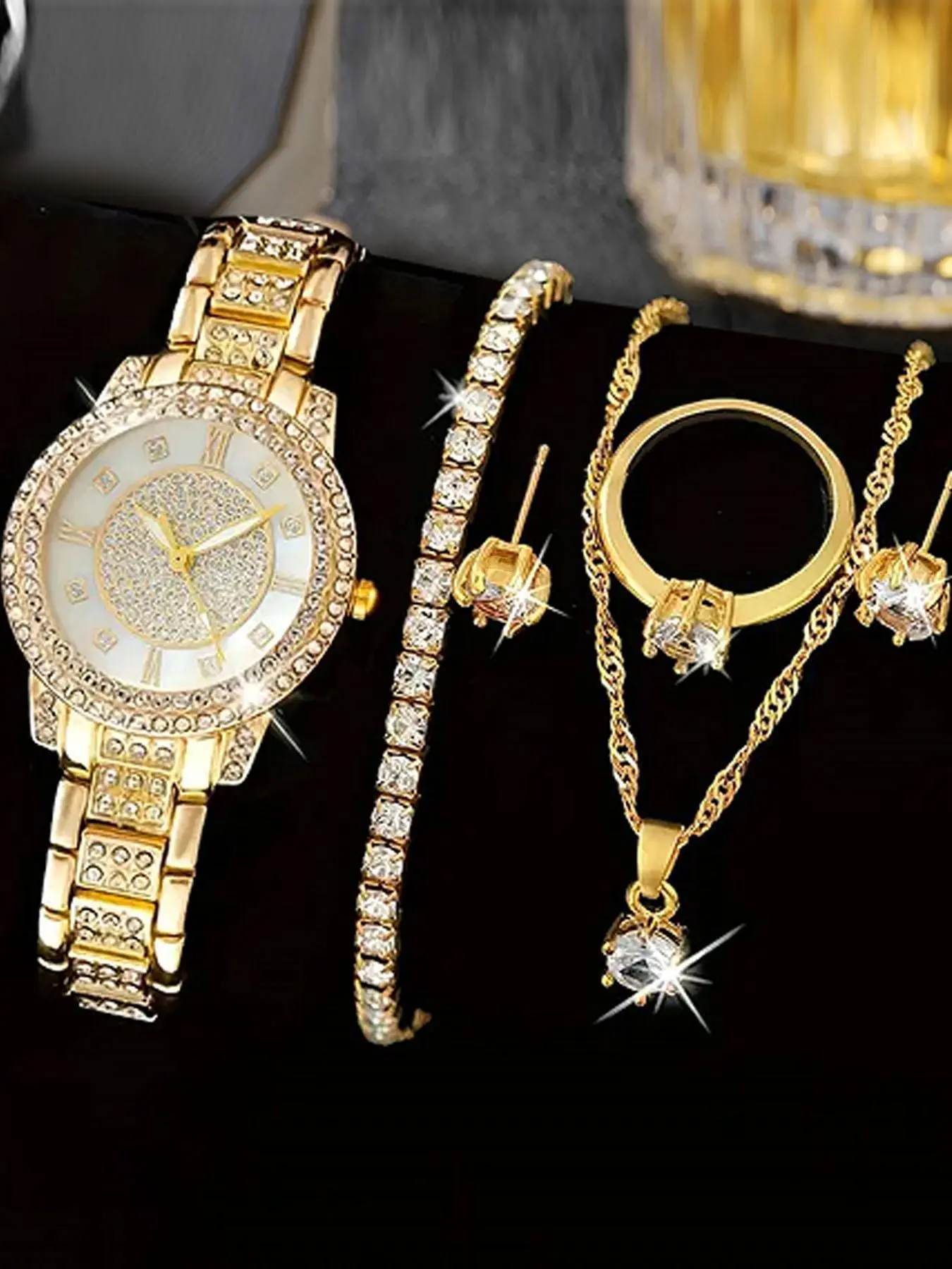 A luxurious full diamond bracelet watch set for women, Glamour Set featuring a quartz wristwatch and an exquisite set, Trendy Watch Set, Elegant Set, Jewelry Watch Set