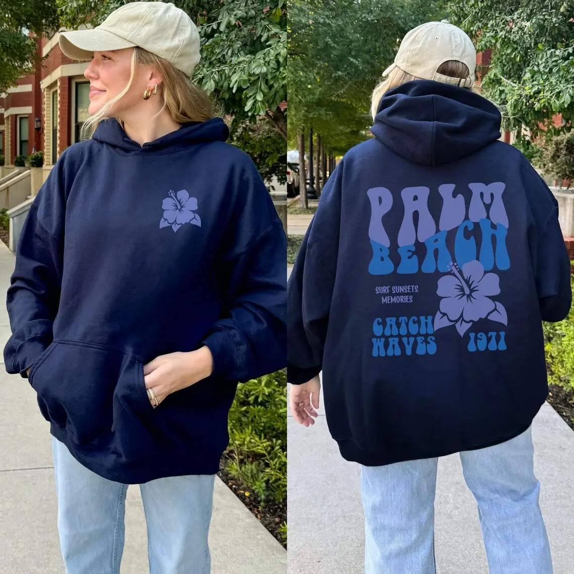 Palm Beach Hoodie, Aesthetic Summer Graphic Sweatshirt for Women, Beach Vibes Retro Pullover 1971 Vintage Look, Summer Beach Outfit