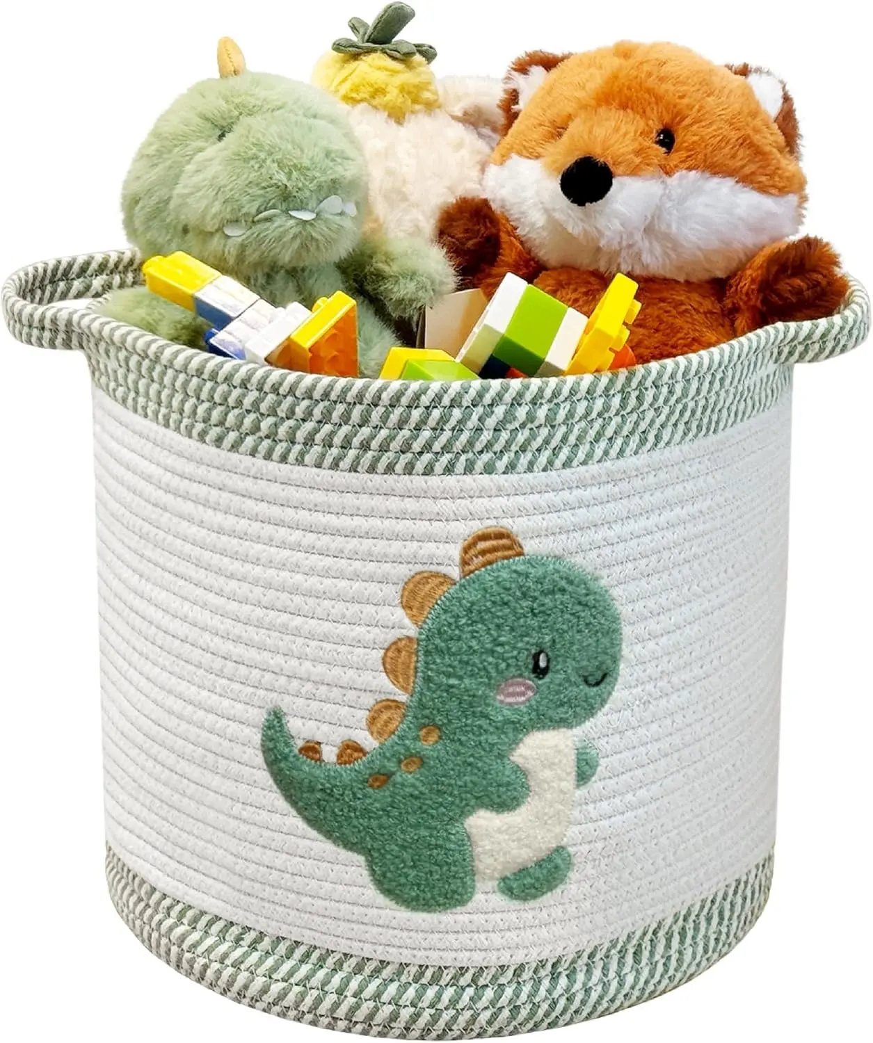 Toy Storage Basket(12"x12"), blanket basket, Cotton Rope Woven Laundry Hamper with Cute Embroidered Dinosaur for Nursery, Living Room, Laundry (Dinosaur)