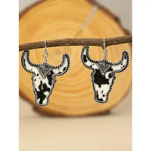Vintage Cow Head Shaped Dangle Earrings (1 Pair), Western Cowboy Style Leopard & Cow Print Earrings, Hollow Out Design Earrings for Women, Trendy Jewelry Gift for Party and Daily Life, Casual Yet Chic