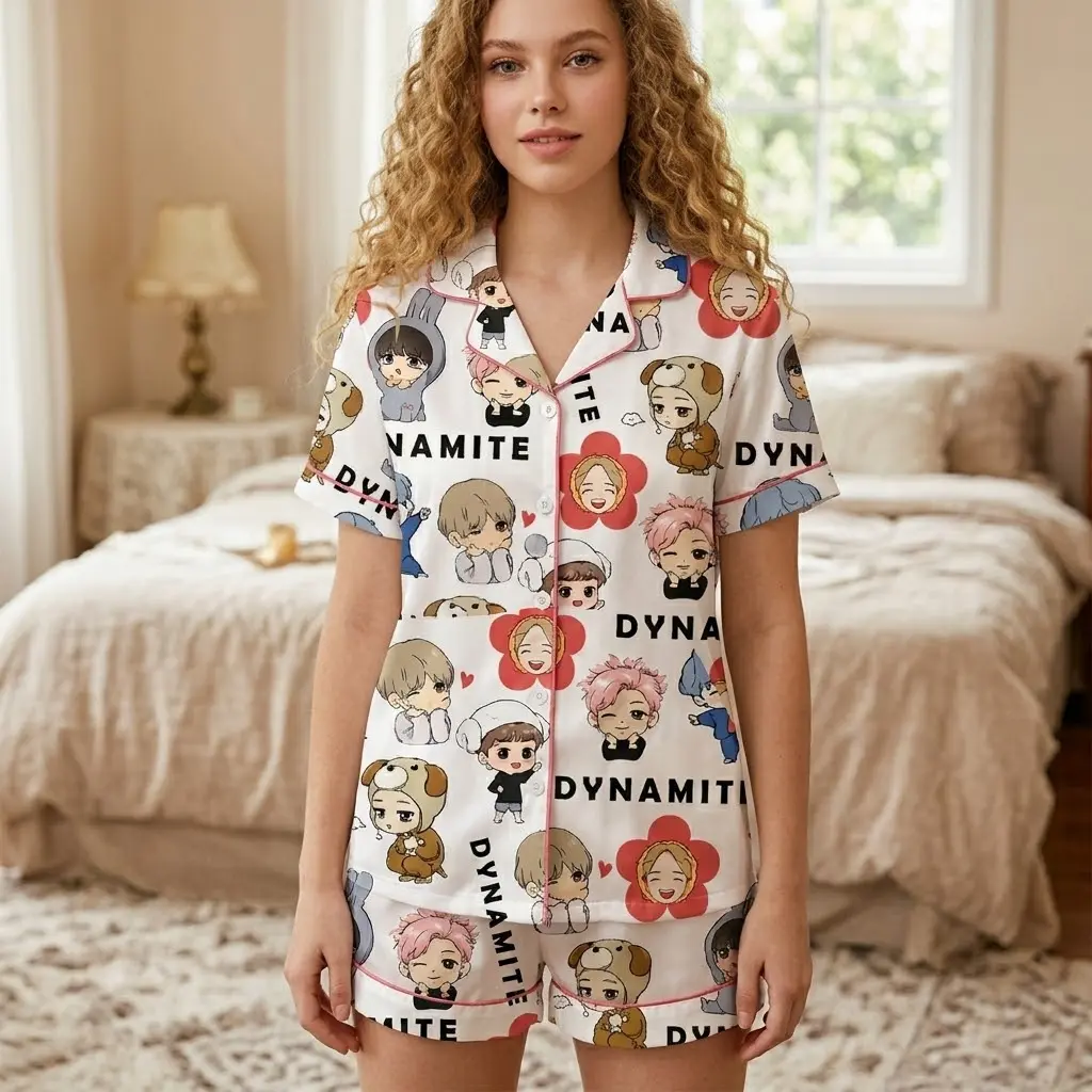 Kpop tour chibi pajamas, gift for friends, gift for her, set for women, Loungewear set women, cute pajamas, gift for food Kpop fans