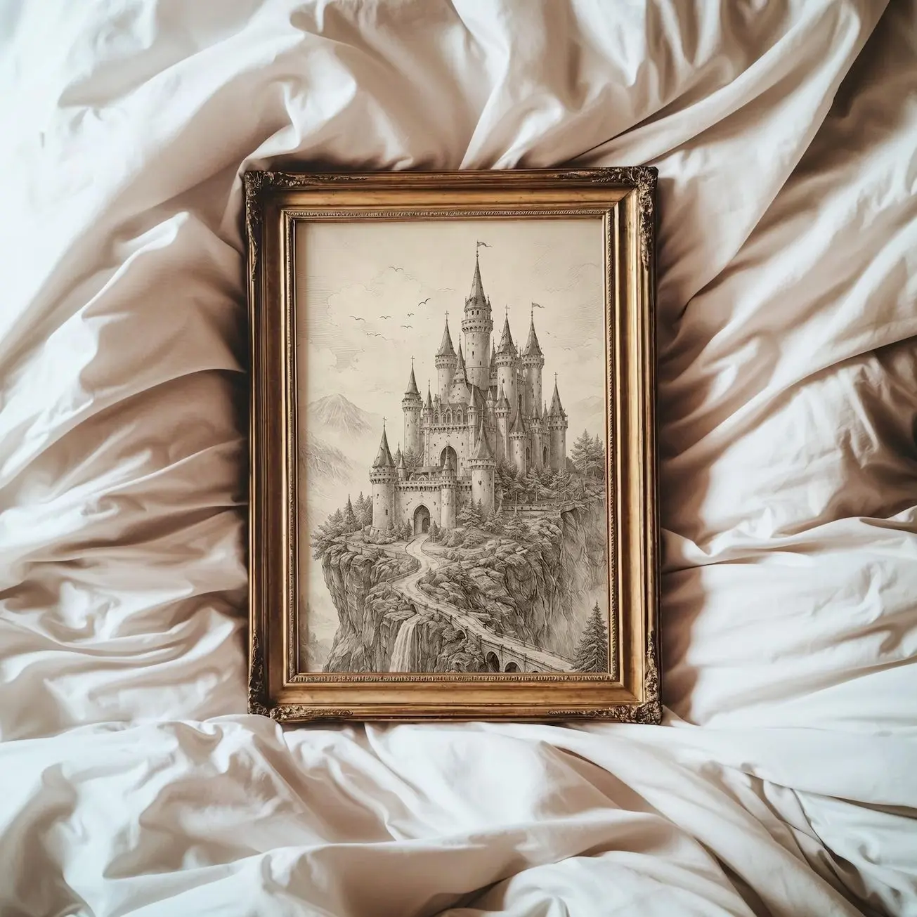 Fairytale Castle Poster, Vintage Sketch Wall Art, Cottagecore Kids Room Decor L