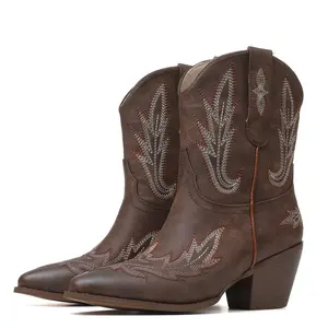 Women Cowboy Boots Pointed Toe Block Heel Ankle Booties Western Embroidered Design Easy Pull On Wide Calf Boot Riding Country Wedding Casual Festival Dress Shoes