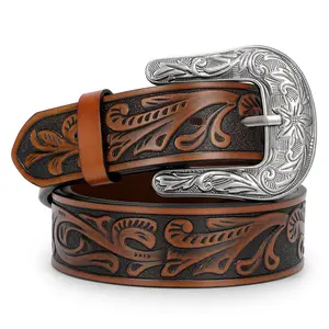 Western Belt for Women Men Cowgirl Cowboy Floral Engraved Tooled Leather Belt with Buckle for Jeans Pants Rodeo Western Brown Leather Print Belt with Buckle