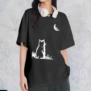 Black Oversized T-Shirt with White Cat & Moon Print Halter Open Back Impact Sports Bra
