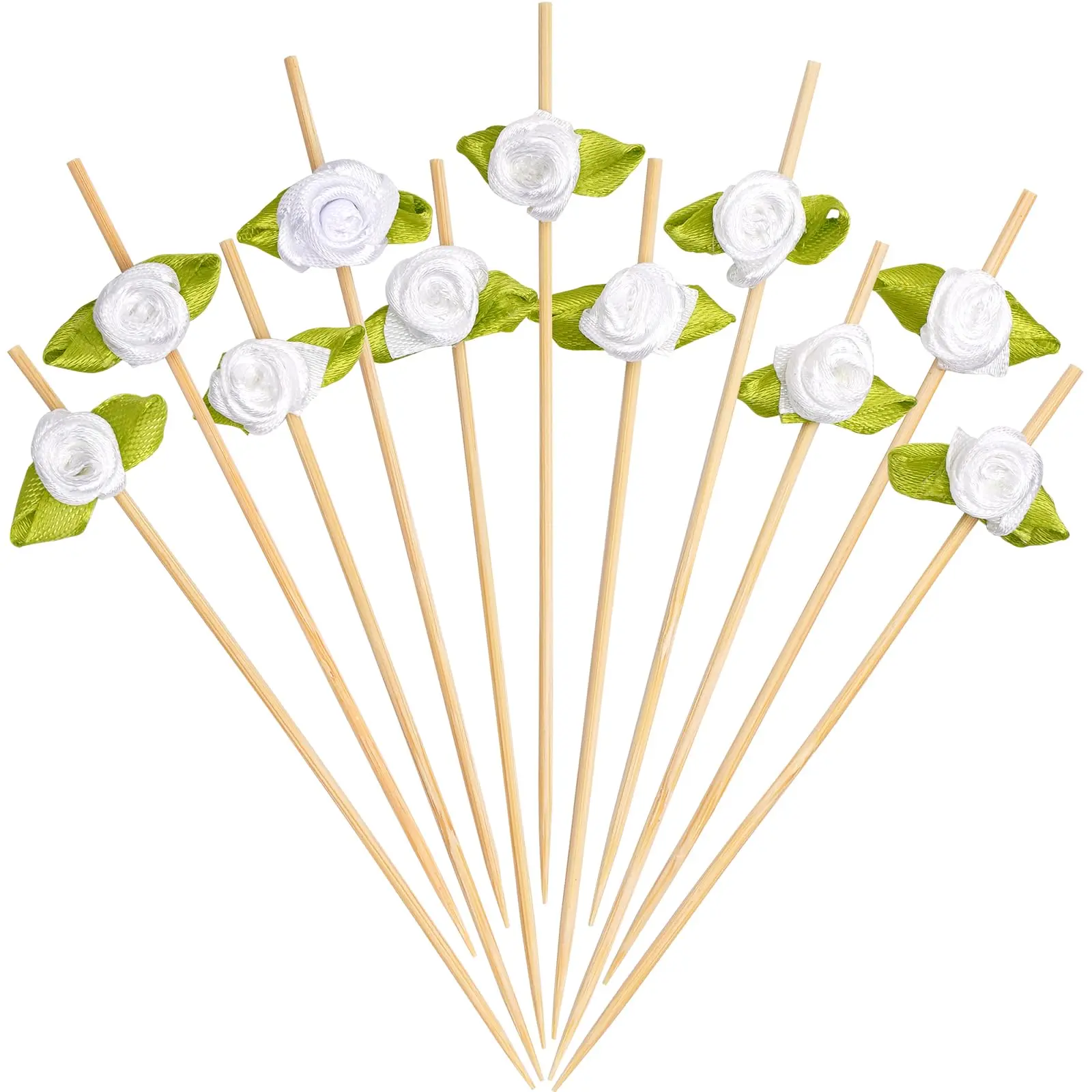 100 Pieces 4.7 Inches Long Handmade Sturdy Wooden White Rose Cocktail Picks with Lace Cloth Decoration Heads, Bamboo Utensils for Weddings, Appetizers, Ceremony, Business - MSL227