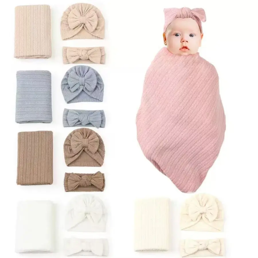 Infant Soft Stretch Jersey Swaddle Set - 3-Piece Set with Plain Blanket, Knotted Hat, Bow Headband, Breathable, Baby Shower Gift That Accommodates Newborns (Baby & Maternity Essentials), Accommodate