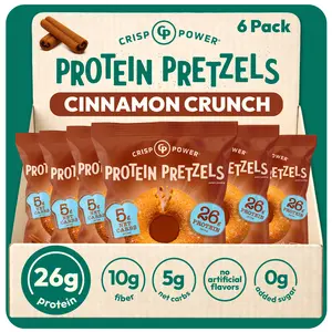 Crisp Power Protein Pretzels, NEW Cinnamon Crunch, 26G Protein, High Protein, High Fiber, Low Carb, Crunchy Pretzel Snacks, No Added Sugar, 1.75 oz Bags, 6 Pack, Vegan, Plant-Based, Keto