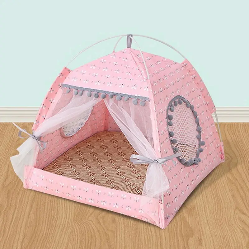 Cute Pink Princess Pet Tent Bed for Cats & Small Dogs, Plush Teepee House with Soft Cushion, Breathable Foldable Indoor Kennel, Washable Cozy Sleeping Tent