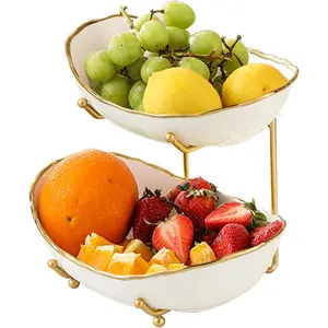 2 Tier Ceramic Fruit Bowl for Kitchen Counter, Tiered Fruit Basket for Countertop, Modern Multi Layer Fruit Display Stand for Party, Cute (Gold-rimmed, Small)
