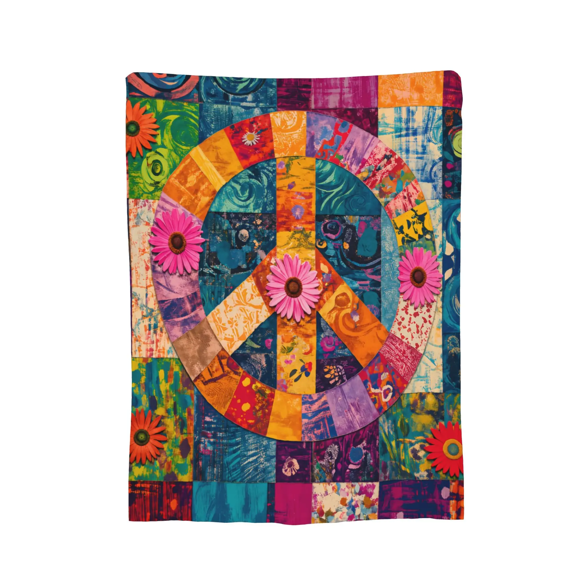 Glam Multicolor Patchwork Peace Sign Collage Flannel Blanket - Cozy Nights Artistic Patchwork Blanket Decor, Soft Durable Bedspread with Colorful Squares, Feel Cosy Throw for Sofa, Bed, Washable All-Season Textile