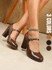 Women's Elegant High Heel Shoes, Fashion Round Toe Chunky Mid-Heel, Comfortable Buckle Design, PU Leather, Dual Color Options