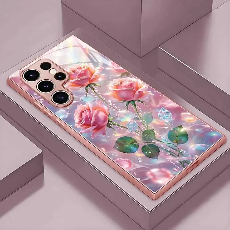 Bubble Pink Rose For Samsung S26 Tempered Glass Phone Case, For S25 Ultra/For S24/For S23 Protective Cover HNAA85PLQWE