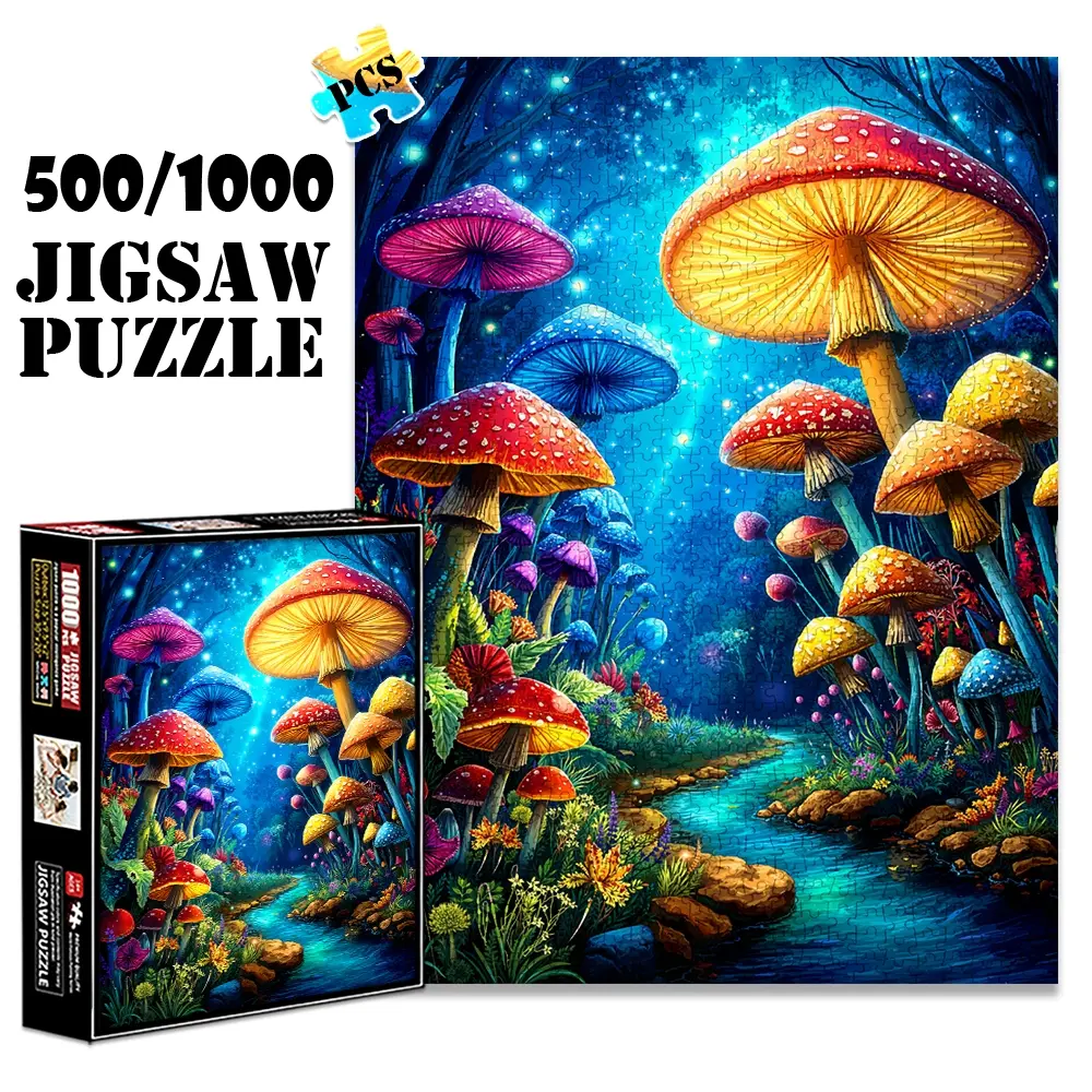 1pc 1000 piece adult puzzle 70x50cm Enchanted Mushroom Forest with Colorful Mushrooms and Stream 500 pieces of paper jigsaw puzzle, suitable for adults and families, large-scale DIY puzzle interactiv