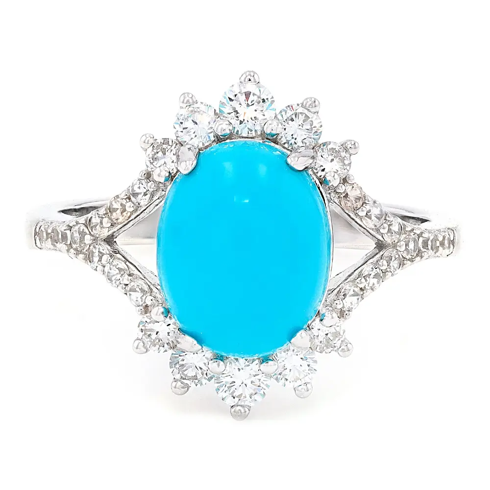 JTV Sleeping Beauty Turquoise with Prazana(R) Lab Grown Diamonds F-G VS-SI Rhodium Over Silver Ring