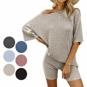 Ribbed Knit pajama 2 peices sets for Women Oversized Short Sleeve Tee with Stretch bike shorts, Breathable matching set for Lounge, Sleepwear, Home and Casual Outdoor Wear Clothes Suits Suits Top Womenswear Gamis Womenswear Gamis Bridal Womenswear
