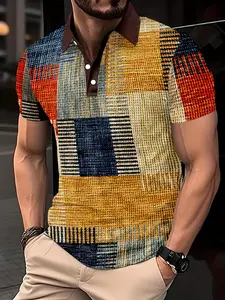 Men'S Short-Sleeve Button-Up Polo Shirt with a 3D Digital Checkered Print, Perfect for Casual And Stylish Outdoor Wear, Top
