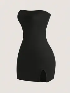 Women's Sleeveless Polyester Knit Solid Bodycon Tube Dress - Strapless Sweetheart Neck, Split Hem, Casual Elegant Style for Spring & Summer