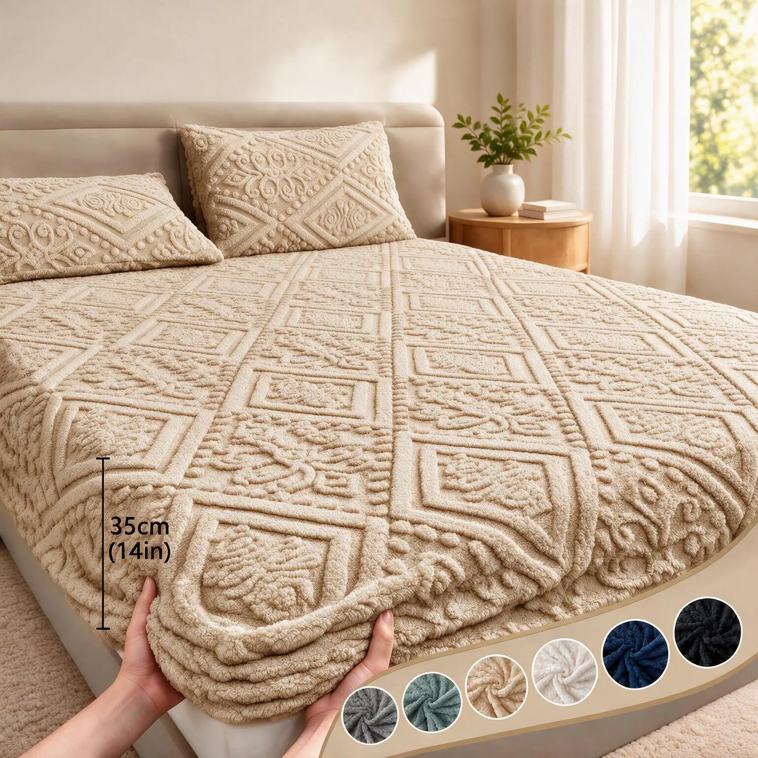 1Pc Luxury 3D Embossed Plush Fitted Sheet, Thick Warm Flannel for Autumn & Winter, Skin-Friendly & Hypoallergenic, Machine Washable Bedding, 14-inch Deep Pocket Design (Pillowcases Not Included),  Ideal Holiday Gift