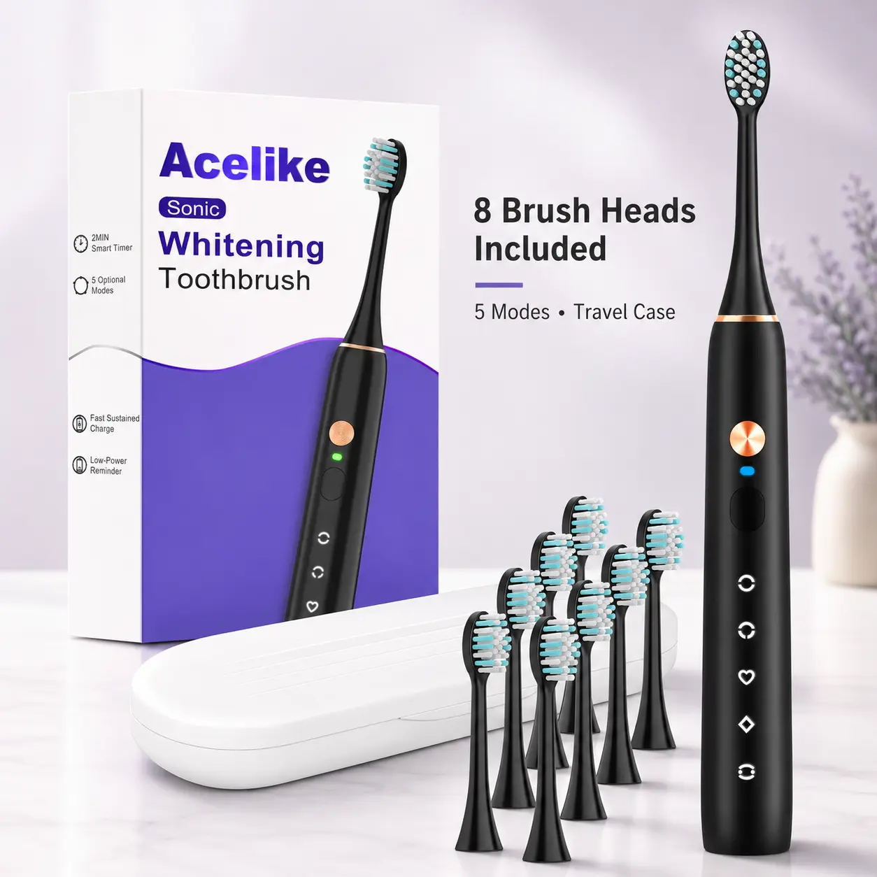 8 Brush Heads Included, Acelike Sonic Electric Toothbrush with 5 Brushing Modes, 2-Minute Timer, USB-C Charging and Travel Case