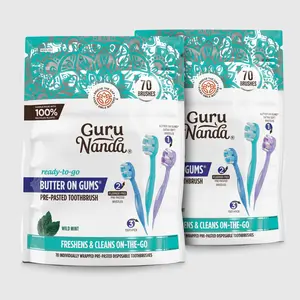 GuruNanda Ready-to-Go Pre-Pasted Butter on Gums Mini Travel Toothbrush with Toothpick, Fluoride-Free, No Rinsing Needed, Individually Wrapped & TSA Friendly, 70 Ct, 2 Pack