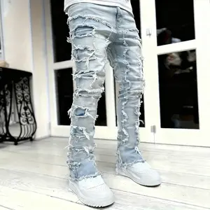 Men's Slim Fit Distressed Denim Jeans with Layered Ripped Holes & Patchwork - Straight- Patcher Style Pants Suitable for Casual Wear & Themed Events - Edgy Denim Pants