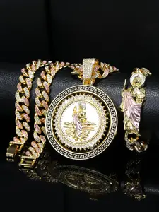 Hip Hop Style Artificial Gemstone Decorated Jewelry Set, Including Pendant Necklace & Bracelet, Fashion Jewelry Accessories for Men & Women